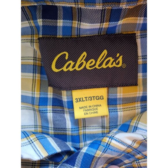 Cabelas Mens Button Up Shirt 3XLT Yellow Blue Plaid Short Sleeve Preppy Office - Picture 3 of 5